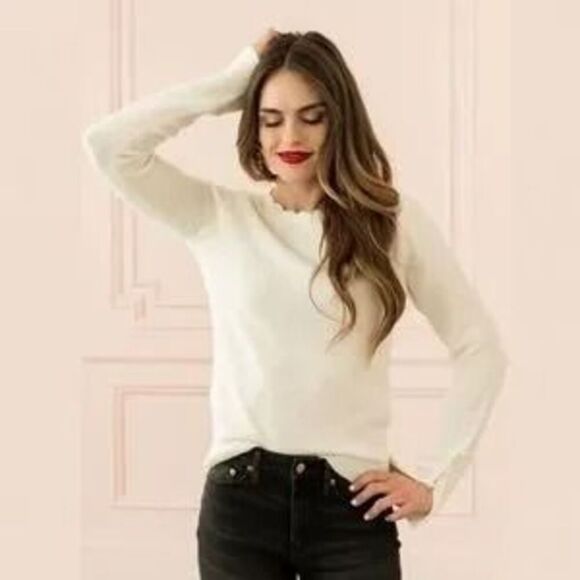 Rachel Parcell Sweater Scalloped Crewneck Small Ivory Cloud Nordstrom NWT - Picture 2 of 8